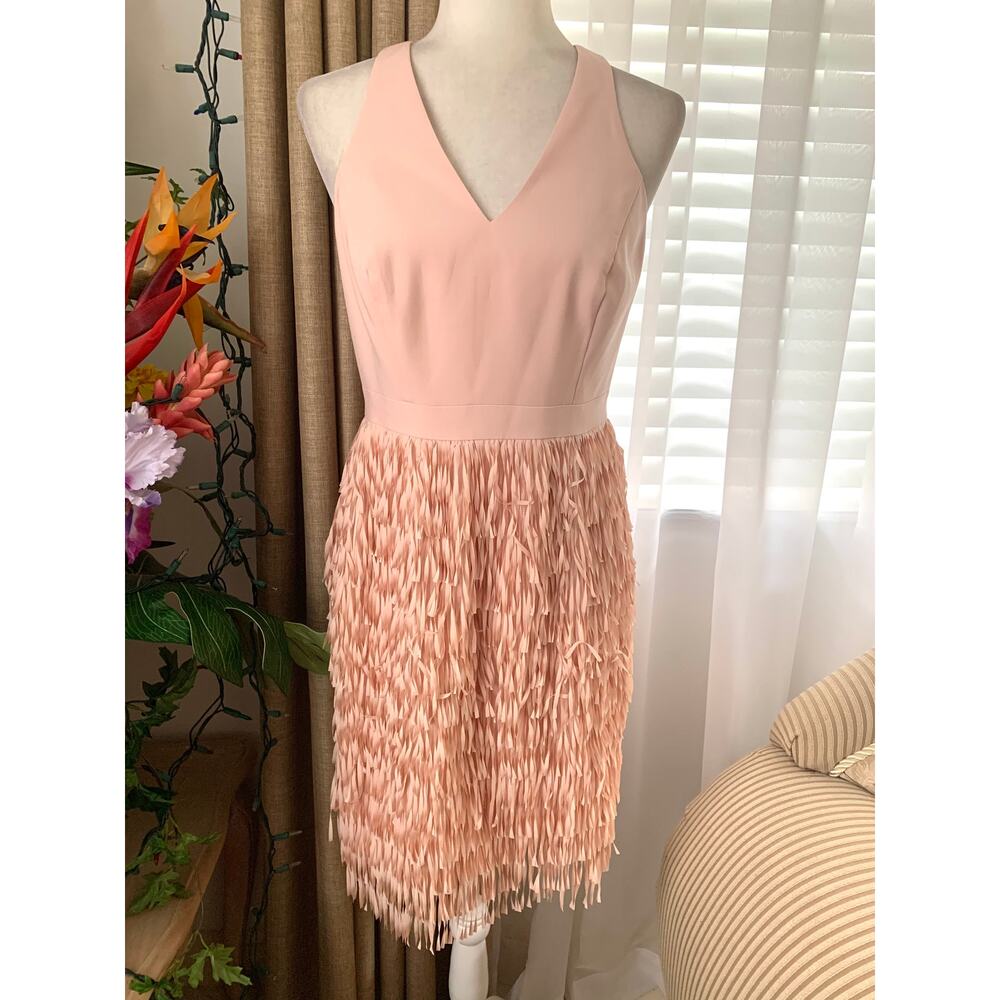 Aidan Mattox V-neck Sleeveless Crepe Fringe Skirt Mini Dress in Blush Pink